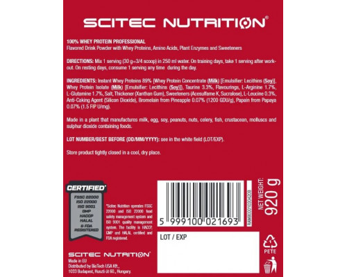 SCITEC NUTR.100% Whey Protein Сывороточный протеин 920гр МОЛОЧНЫЙ ШОКОЛАД