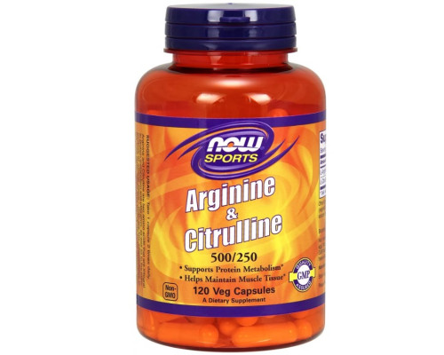 NOW Аминокислота L-Arginine 500mg Citruline 250mg 120 vcaps.